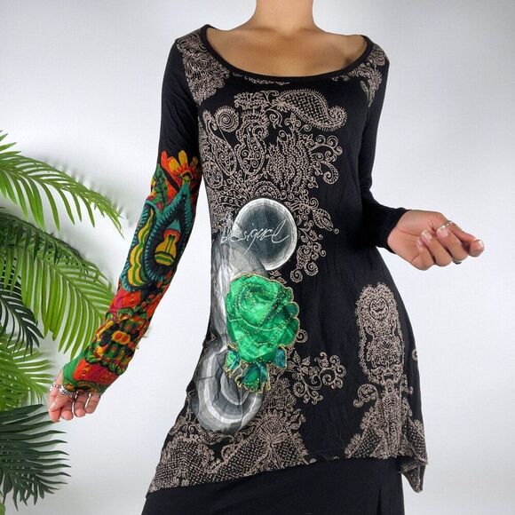 Vintage Y2K Desigual Black Floral Fairy Grunge Long Sleeve Boho Tunic Top / L - Picture 1 of 9
